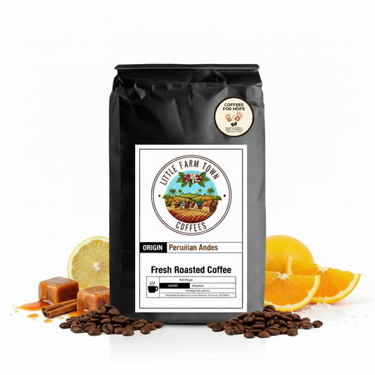 Peruvian Andes Coffee from Little Farm Town Coffees, medium roast with rich beans, shown in a bag with Peruvian landscape branding.