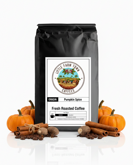 White background image of Little Farm Town Coffees Pumpkin Spice specialty coffee bag with autumn-themed design.