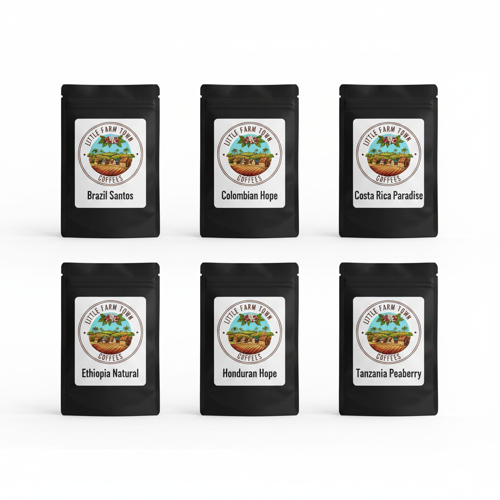 Assorted single origin coffee beans in a sampler set from Little Farm Town Coffees, featuring varieties from Brazil, Colombia, Ethiopia, and more.