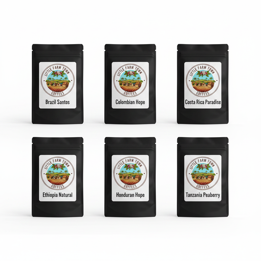 Assorted single origin coffee beans in a sampler set from Little Farm Town Coffees, featuring varieties from Brazil, Colombia, Ethiopia, and more.