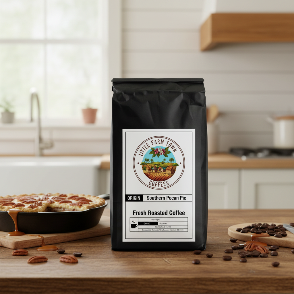 A cup of specialty Southern Pecan Pie flavored coffee from Little Farm Town Coffees, shown in a cozy, inviting setting.