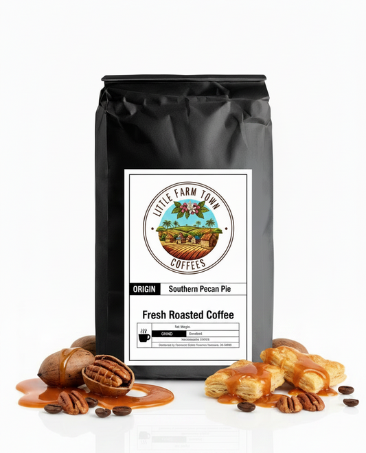 Creamy Southern Pecan Pie from Little Farm Town Coffees, styled with a slice and pecans on a white background.