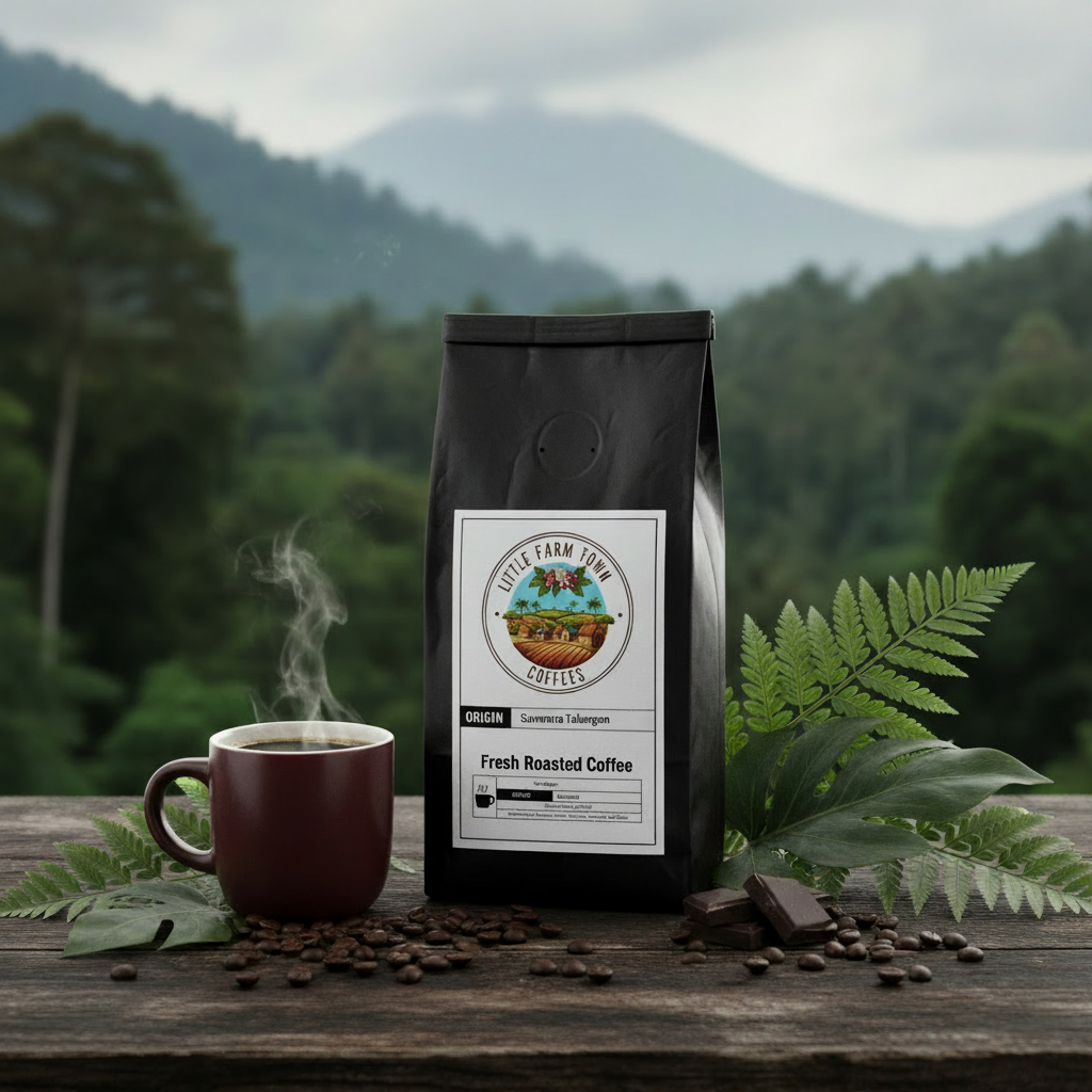 Freshly brewed Sumatra Takengon specialty coffee from Little Farm Town Coffees in a white mug on a wooden table.