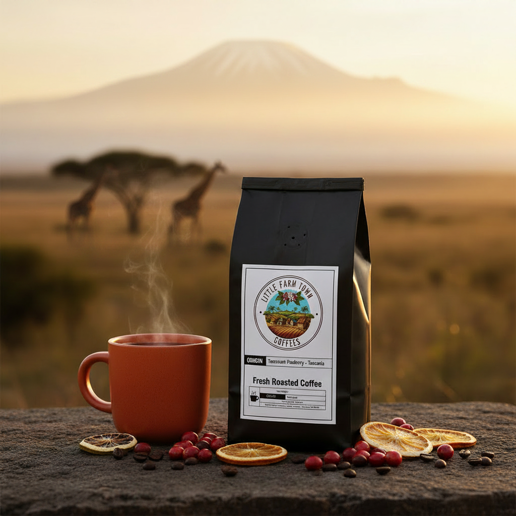 Light roast Tanzanian Peaberry coffee from Little Farm Town Coffees, showing medium-sized peaberry beans in a natural light.