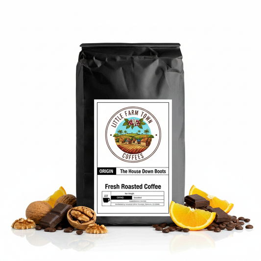 Specialty coffee bag labeled The House Down Boots by Little Farm Town Coffees, featuring colorful, artistic packaging.