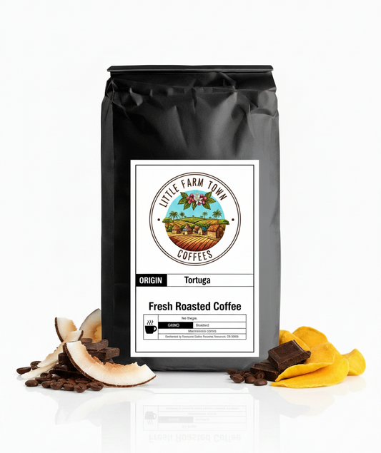 White background image of Little Farm Town Coffees Tortuga specialty coffee bag with colorful label design.