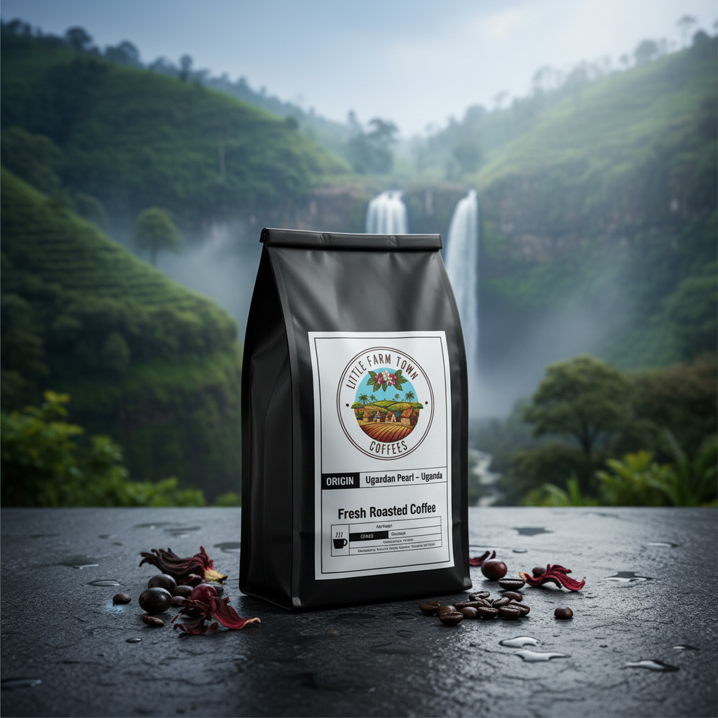 Ugandan Pearl specialty coffee from Little Farm Town Coffees, featuring a vibrant coffee farm landscape and fresh coffee beans.