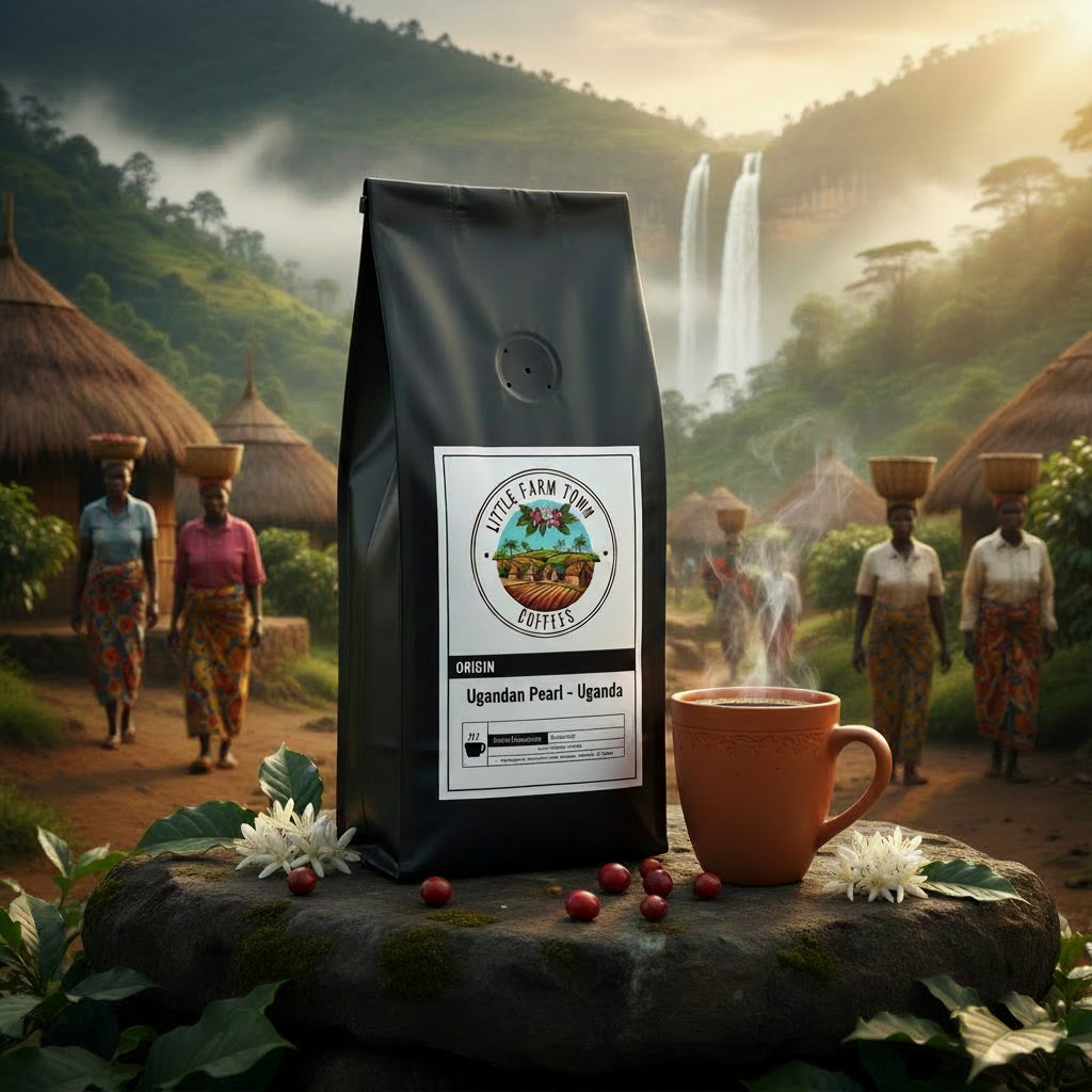 Label showing Ugandan Pearl Specialty Coffee from Little Farm Town Coffees, featuring the product name on the packaging.