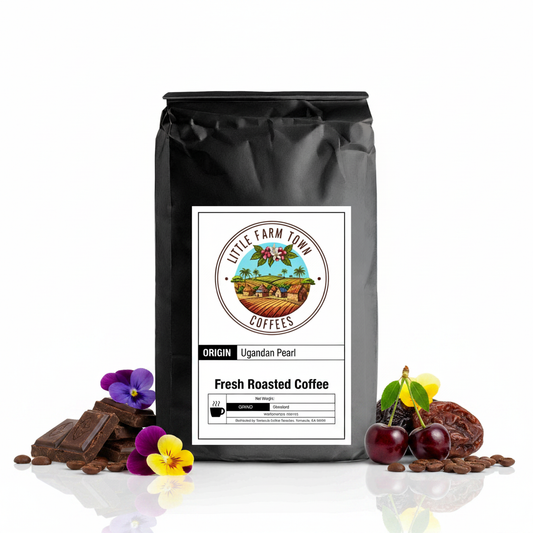 Fresh Ugandan Pearl specialty coffee beans from Little Farm Town Coffees, showcasing rich, aromatic roasted coffee in a vibrant bag.
